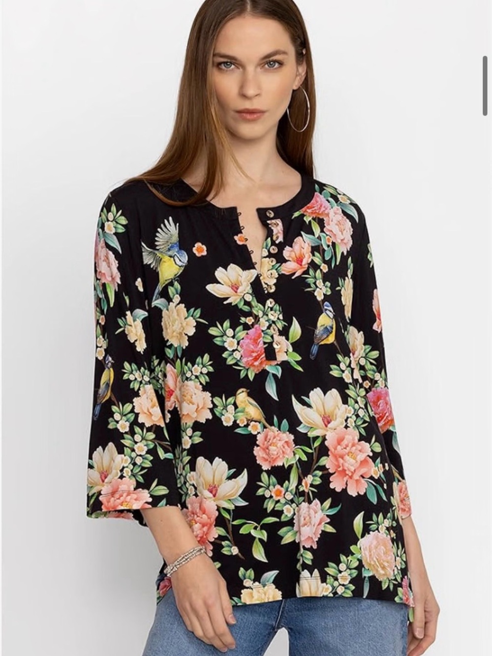 Johnny Was Janie Floral Bird tunic Top - Black with flower birds boho
